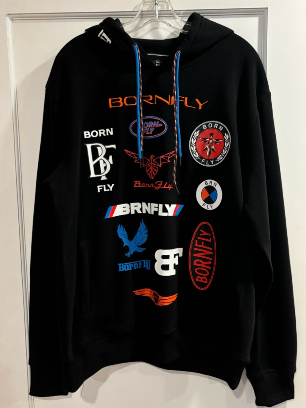 Bornfly NEW Hooded Pullover Sweatshirt Black Embroidery Graphics Mens Large  Y2K